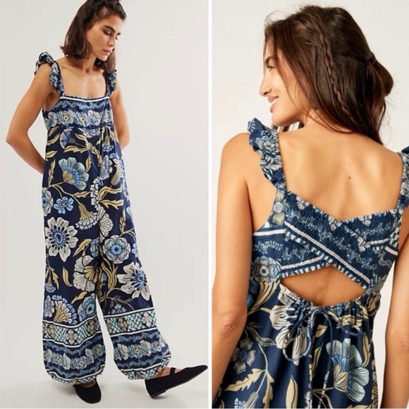Free People Pants - Free People Bali Albright Boho Floral 100% Cotton Jumpsuit Wide Leg Size XL NWT